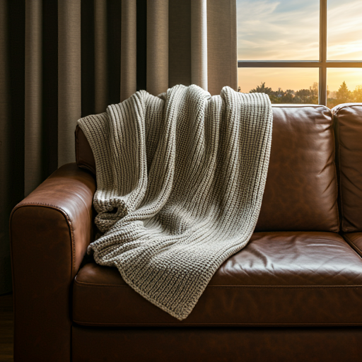 Neutral colored knit throw over the couch.