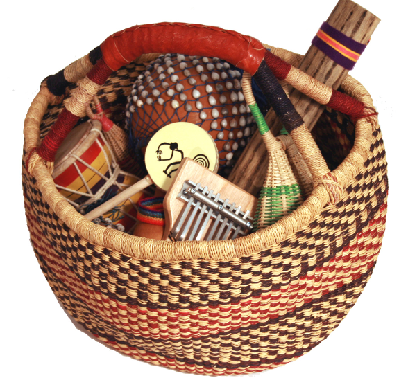 Gift basket for music lovers with portable music instruments.