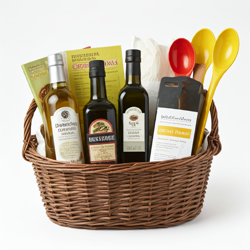 Cooking essentials in a rattan gift basket.