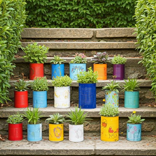 Planters made from tin cans.