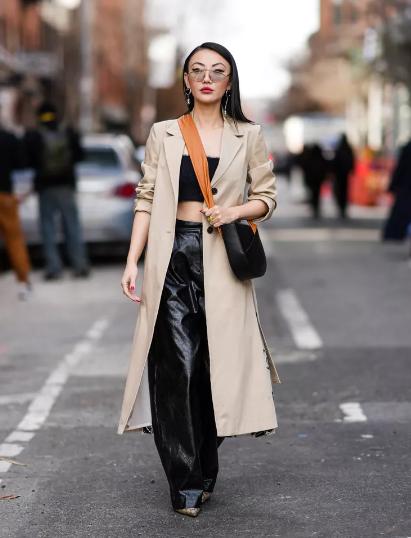 trench coat look with leather pants