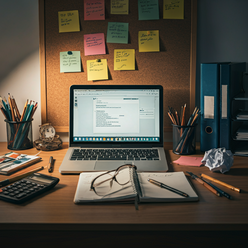 An organized work table with a proper backsplash behind the worktable for sticky notes.