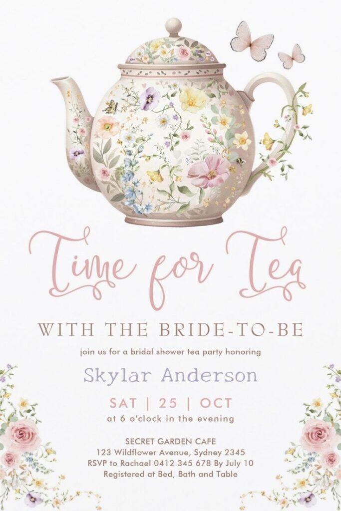 Floral Teapot Frame Printable Invites